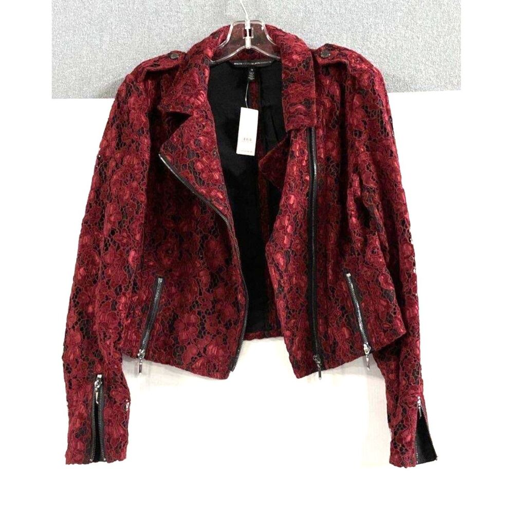 NWT White House Black Market Lace Zipper Moto Jacket Sangria Red Color Size M